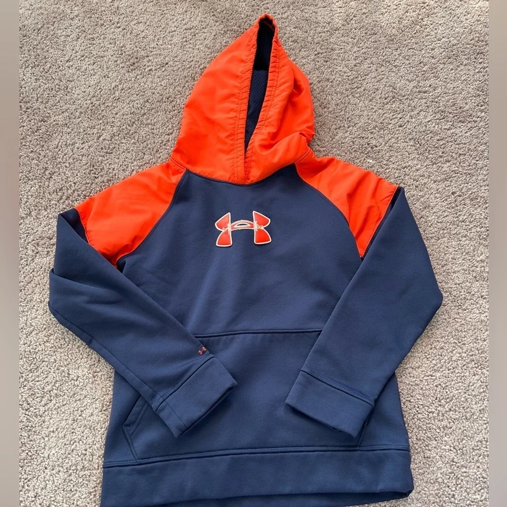 Under Armour Waterproof Blue & Orange Pullover Jacket Pockets Hood Size M Youth